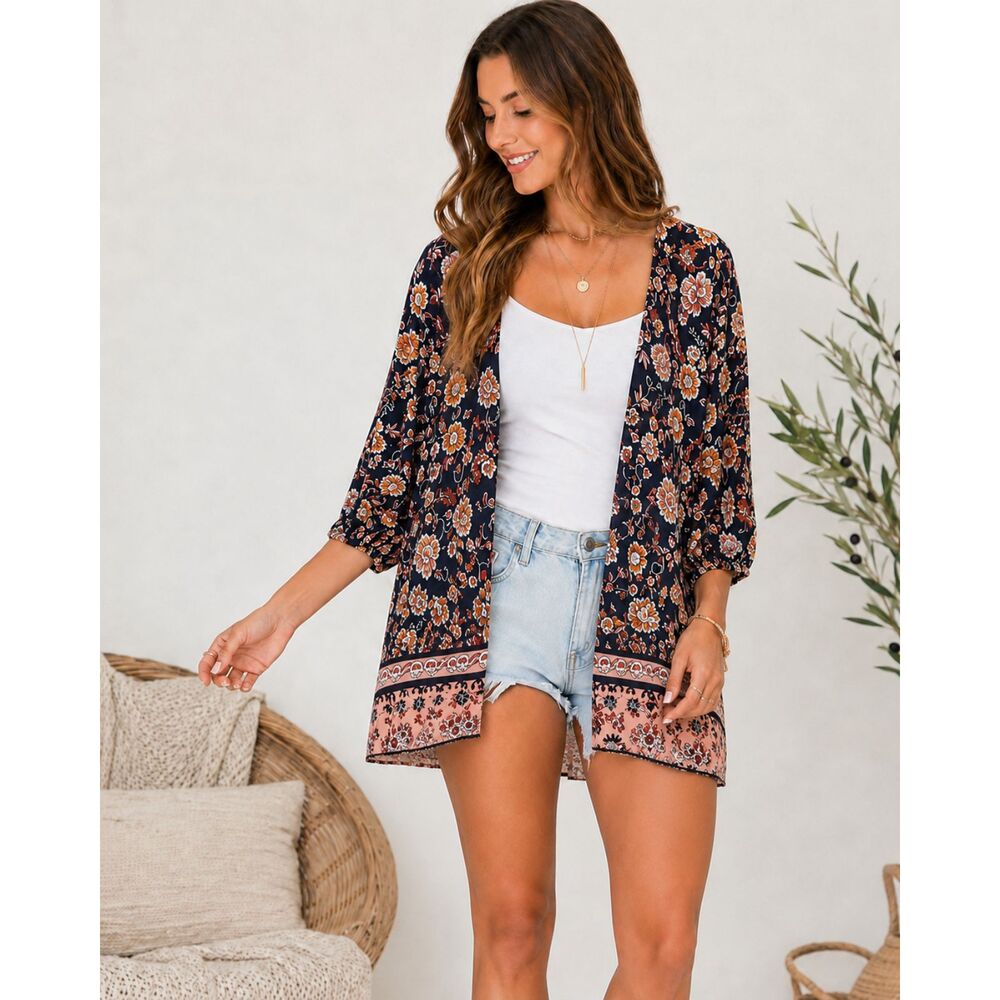 Umgee Floral OS Open Front Kimono Cardigan Oversize Top Bohemian Cottage Peasant